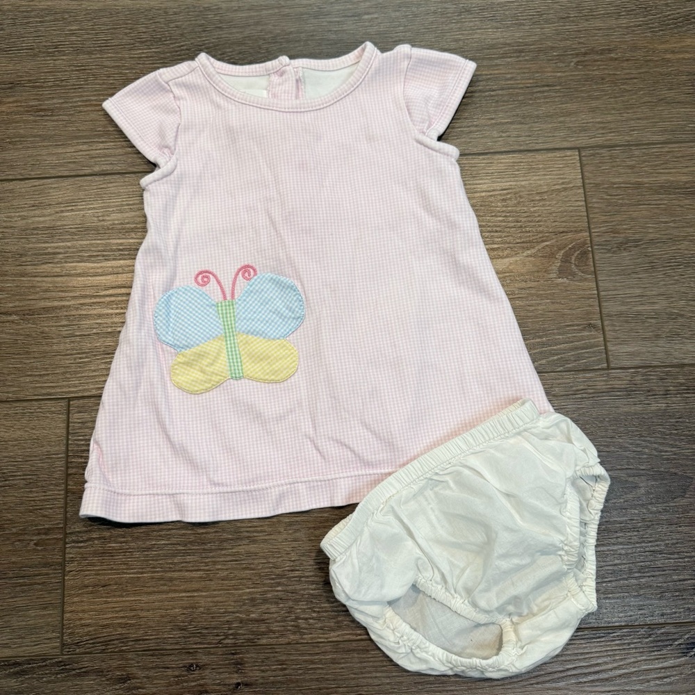 Lullaby Set Baby Pink Butterfly Appliqué Casual Dress with White Bloomers